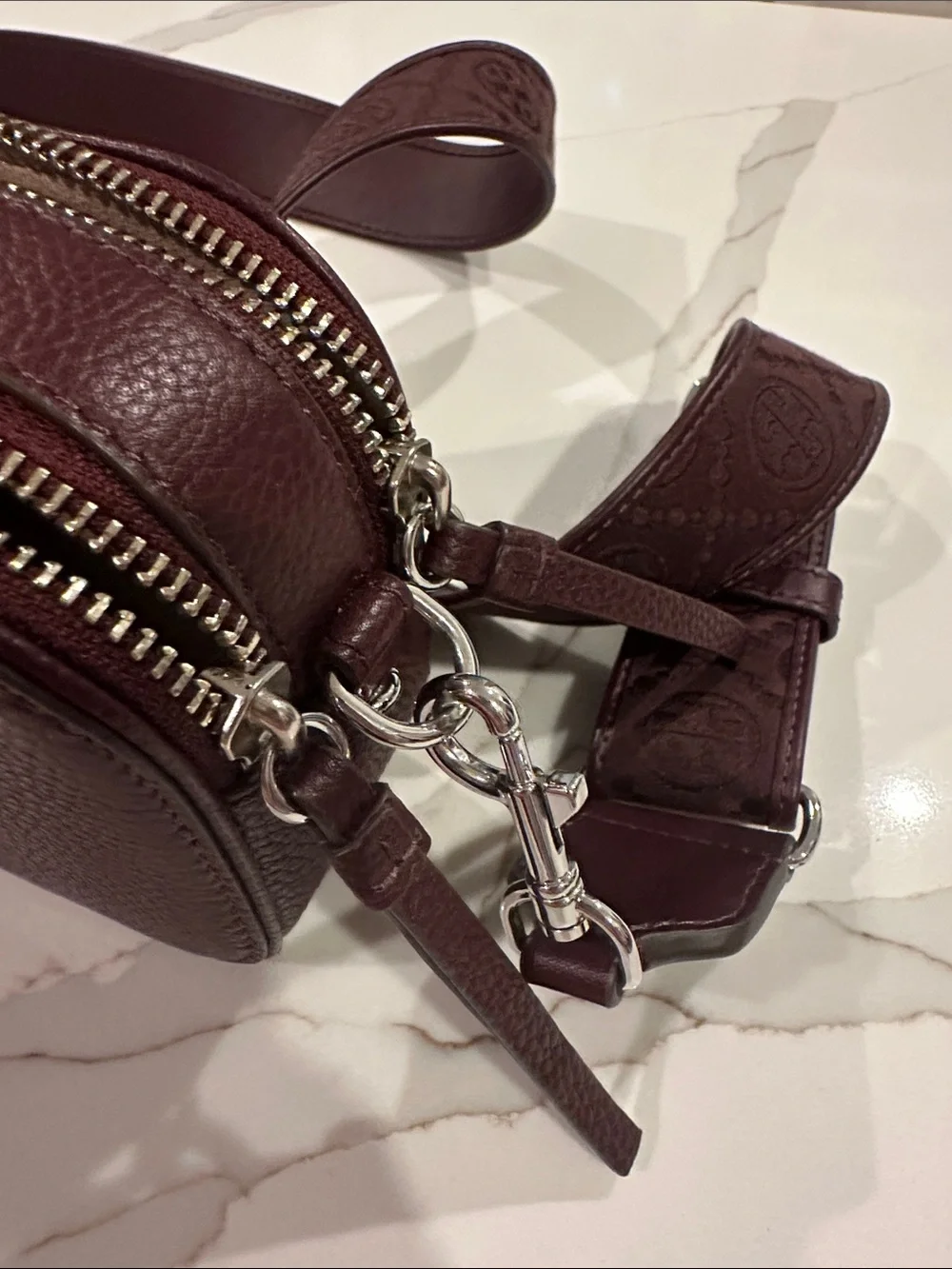 Tory Burch Pebbled Leather Crossbody in Deep Burgundy